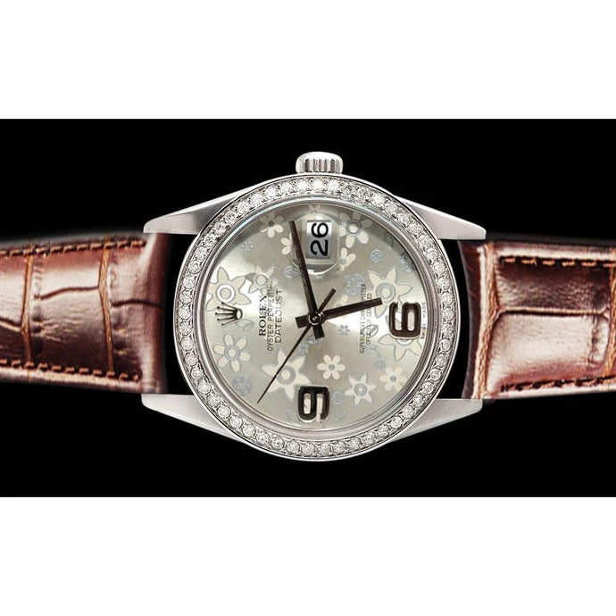 Datumjust Rolex diamanten rand heren dameshorloge bruin leer zilveren bloem snel ingesteld
