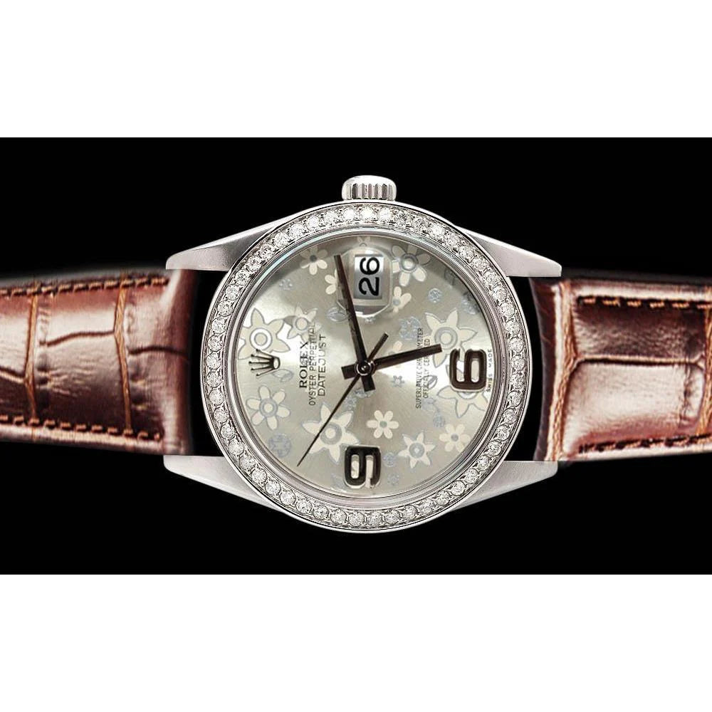 Datumjust Rolex diamanten rand heren dameshorloge bruin leer zilveren bloem snel ingesteld
