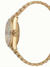 Afbeelding in Gallery-weergave laden, Datumjust Rolex gouden voorzitter-stijl horloge met witte Romeinse wijzerplaat en diamanten rand
