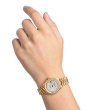 Afbeelding in Gallery-weergave laden, Datumjust Rolex gouden voorzitter-stijl horloge met witte Romeinse wijzerplaat en diamanten rand P2
