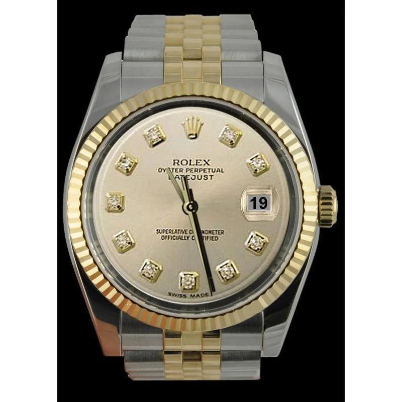 Datumjust Rolex herenhorloge roestvrij staal & goudzilver diamanten wijzerplaat snel ingesteld
