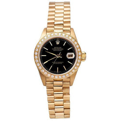 Rolex Day-Date President Horloge met Zwarte Wijzerplaat met Streepindexen en Gouden Lunette met Diamanten