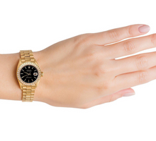 Afbeelding in Gallery-weergave laden, Datumjust Rolex presidentiële horloge met zwarte stok-wijzerplaat met gouden diamanten rand
