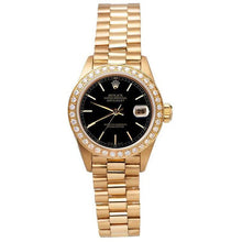 Afbeelding in Gallery-weergave laden, Datumjust Rolex presidentiële horloge met zwarte stok-wijzerplaat met gouden diamanten rand

