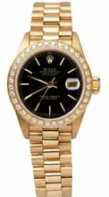 Afbeelding in Gallery-weergave laden, Datumjust Rolex presidentiële horloge met zwarte stok-wijzerplaat met gouden diamanten rand
