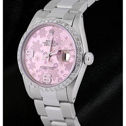 Datumjust Rolex roestvrij staal Herenhorloge Roze Bloemen Wijzerplaat Diamanten Lunette