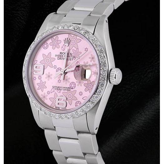 Datumjust Rolex roestvrij staal Herenhorloge Roze Bloemen Wijzerplaat Diamanten Lunette
