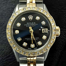 Afbeelding in Gallery-weergave laden, Datumjust dames Rolex-horloge met zwarte diamanten wijzerplaat en gouden armband
