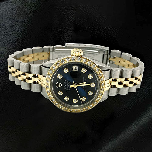 Datumjust dames Rolex-horloge met zwarte diamanten wijzerplaat en gouden armband
