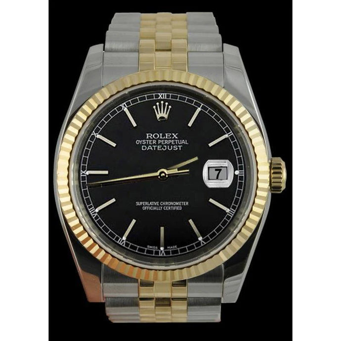 Datumjust herenhorloge zwarte stok wijzerplaat tweekleurige jubileumrand Rolex SNELLE INSTELLING
