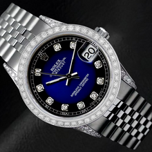 Afbeelding in Gallery-weergave laden, Datumjust horloge Aangepaste blauwe diamanten wijzerplaat rand Rolex jubileumarmband Roestvrij staal snel ingesteld
