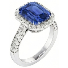 Afbeelding in Gallery-weergave laden, Diamant Halo Smaragd Blauwe Saffier Ring 4 karaat Prong Set Milgrain

