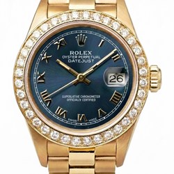 Rolex Dj Horloge met Diamanten Lunette en Blauwe Romeinse Wijzerplaat in YG President Stijl