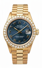 Afbeelding in Gallery-weergave laden, Diamant rand Blauwe Romeinse wijzerplaat Rolex Geelgouden voorzitter Stijl horloge Datumjust

