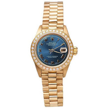 Afbeelding in Gallery-weergave laden, Diamant rand Blauwe Romeinse wijzerplaat Rolex Geelgouden voorzitter Stijl horloge Datumjust

