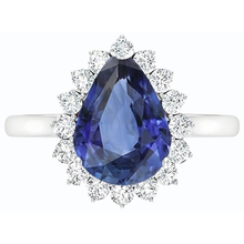 Afbeelding in Gallery-weergave laden, Diamanten Halo Jubileum Peervormige Blauwe Saffier Ring 4,50 Karaat
