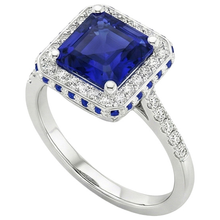 Afbeelding in Gallery-weergave laden, Diamanten edelsteen ring Halo prinses blauwe saffier goud 14K 4,50 karaat
