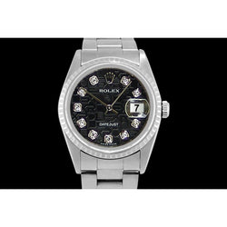 Diamanten jubileum wijzerplaat herenhorloge Rolex Datumjust gecanneleerde rand snel ingesteld