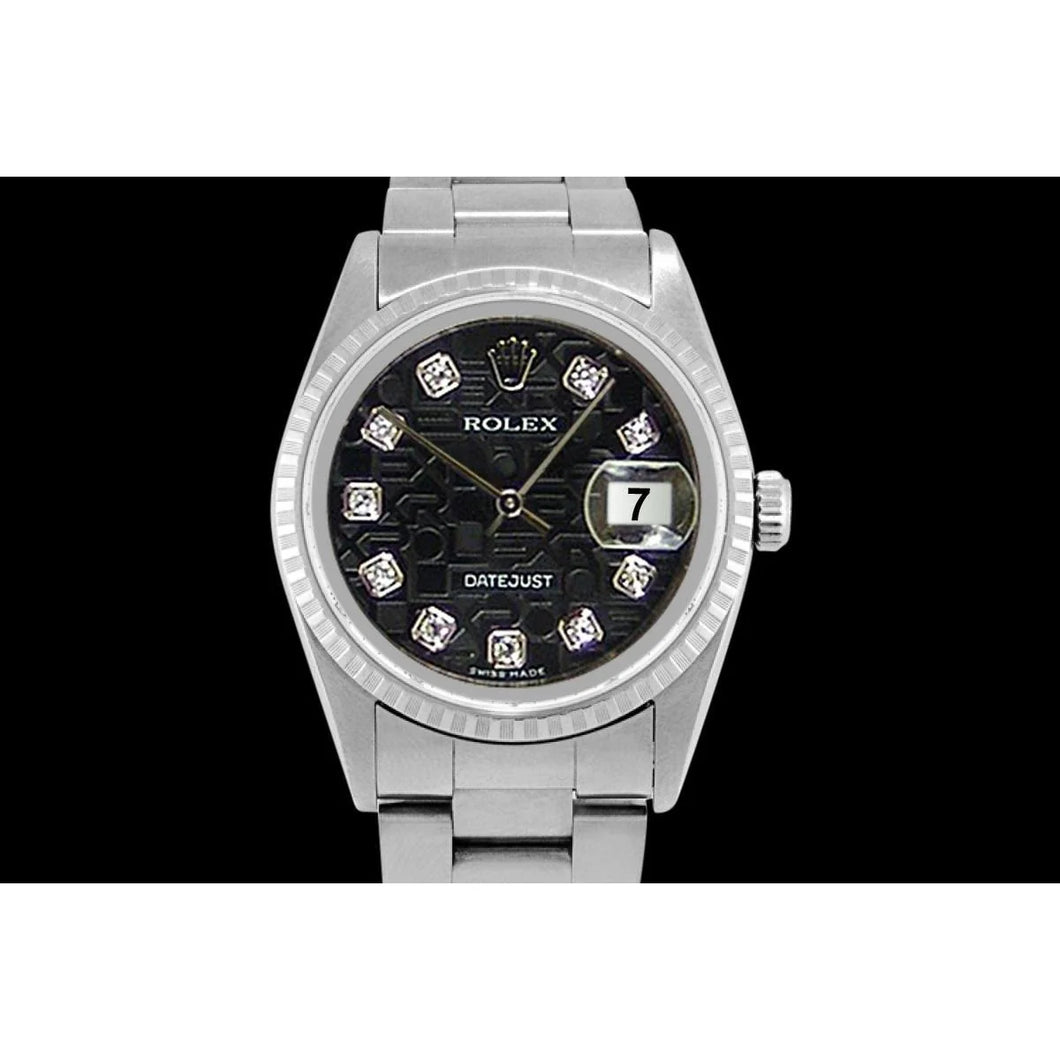 Diamanten jubileum wijzerplaat herenhorloge Rolex Datumjust gecanneleerde rand snel ingesteld

