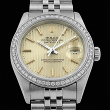 Afbeelding in Gallery-weergave laden, Diamanten lunette Ss Tapestry Stick Dial Rolex Dames Datejust Horloge
