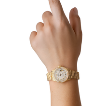 Afbeelding in Gallery-weergave laden, Diamanten lunette piramide Romeinse wijzerplaat Rolex Datumjust horloge voorzitter stijl geel goud
