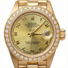 Afbeelding in Gallery-weergave laden, Diamanten rand champagne Arabisch goud presidentieel horloge Rolex Datumjust
