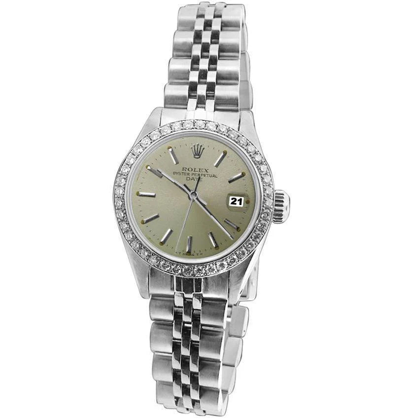 Diamanten rand, grijze wijzerplaat, datumhorloge, roestvrij staal jubileum
