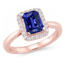 Afbeelding in Gallery-weergave laden, Diamond Halo Smaragd Ceylon Sapphire Ring Taps toelopende schacht 3 karaat goud
