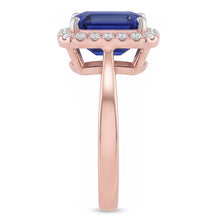 Afbeelding in Gallery-weergave laden, Diamond Halo Smaragd Ceylon Sapphire Ring Taps toelopende schacht 3 karaat goud
