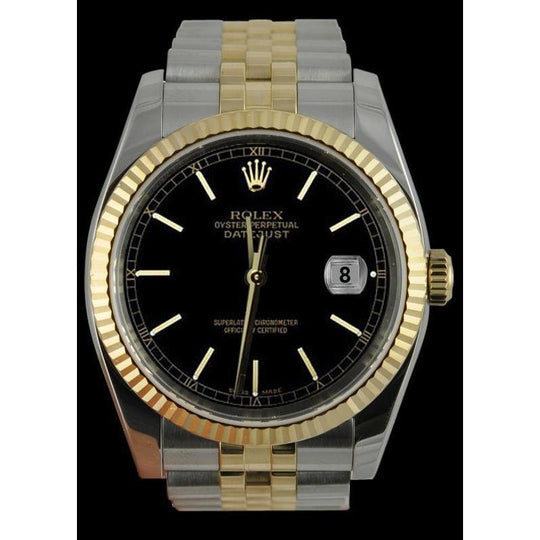 Doorlopend Rolex roestvrij staal en goud jubileum Herenhorloge Zwarte stok Wijzerplaat SNELLE INSTELLING

