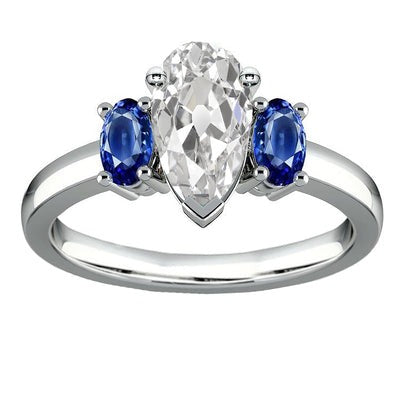 Drie Stenen Oude Geslepen Peer Echt Diamanten Ovale Blauwe Saffieren Ring 3,50 Karaat