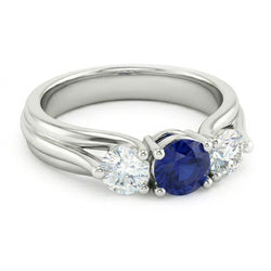 Drie stenen blauwe saffier en Natuurlijke echte diamanten ( niet in een laboratorium gekweekt ) ring 1 karaat witgoud 14K