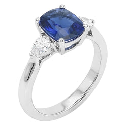 Driestenen Ring met Blauwe Saffier en Peer Geslepen Natuurlijke uit de aarde gewonnen Diamanten 4.50 Karaat Goud 14K
