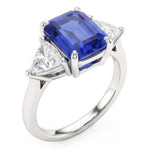 Afbeelding in Gallery-weergave laden, Drie stenen blauwe saffier smaragd en biljoen Natuurlijke echte diamant ( niet in het laboratorium gekweekt )en ring 2,50 karaat
