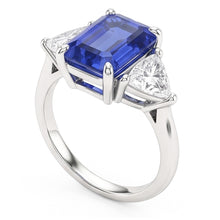 Afbeelding in Gallery-weergave laden, Drie stenen blauwe saffier smaragd en biljoen Natuurlijke echte diamant ( niet in het laboratorium gekweekt )en ring 2,50 karaat
