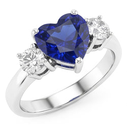 Drie stenen hart blauwe saffier ring & ronde Natuurlijke echte diamant ( niet in het laboratorium gekweekt )en 2,50 karaat
