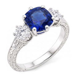 Drie stenen kussen Sapphire Ring antieke stijl Natuurlijke echte diamant ( niet in het laboratorium gekweekt )en 2,50 karaat