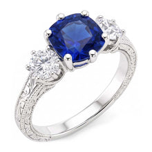 Afbeelding in Gallery-weergave laden, Drie stenen kussen Sapphire Ring antieke stijl Natuurlijke echte diamant ( niet in het laboratorium gekweekt )en 2,50 karaat

