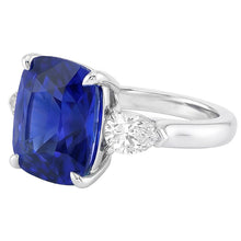 Afbeelding in Gallery-weergave laden, Drie stenen kussen blauwe saffier ring &amp; peer Natuurlijke echte diamant ( niet in het laboratorium gekweekt )en 4 karaat
