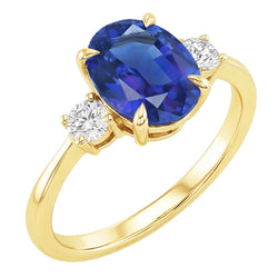 Drie Stenen Ovale Blauwe Saffier & Ronde Natuurlijke uit de aarde gewonnen Diamanten Ring Goud 5.50 Karaat