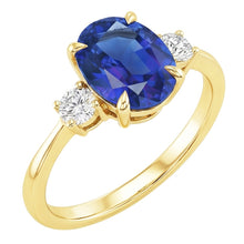 Afbeelding in Gallery-weergave laden, Drie Stenen Ovale Blauwe Saffier &amp; Ronde Natuurlijke uit de aarde gewonnen Diamanten Ring Goud 5.50 Karaat
