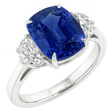 Afbeelding in Gallery-weergave laden, Drie stenen ovale blauwe saffier ring 4,50 karaat halve maan Natuurlijke echte diamant ( niet in het laboratorium gekweekt )en
