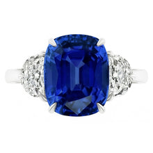 Afbeelding in Gallery-weergave laden, Drie stenen ovale blauwe saffier ring 4,50 karaat halve maan Natuurlijke echte diamant ( niet in het laboratorium gekweekt )en
