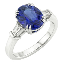 Afbeelding in Gallery-weergave laden, Drie stenen ovale blauwe saffier ring met stokbrood Natuurlijke echte diamant ( niet in het laboratorium gekweekt ) 3,25 karaat
