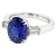 Afbeelding in Gallery-weergave laden, Drie stenen ovale blauwe saffier ring met stokbrood Natuurlijke echte diamant ( niet in het laboratorium gekweekt ) 3,25 karaat
