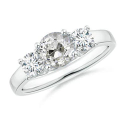Drie Stenen Damesring Old Mine Echt Diamond Ronde Geslepen Sieraden 3 Karaat