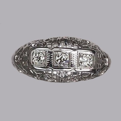 Drie Stenen Ronde Oude Mijnwerker Echt Diamanten Ring 0,75 Karaat Goud 14K
