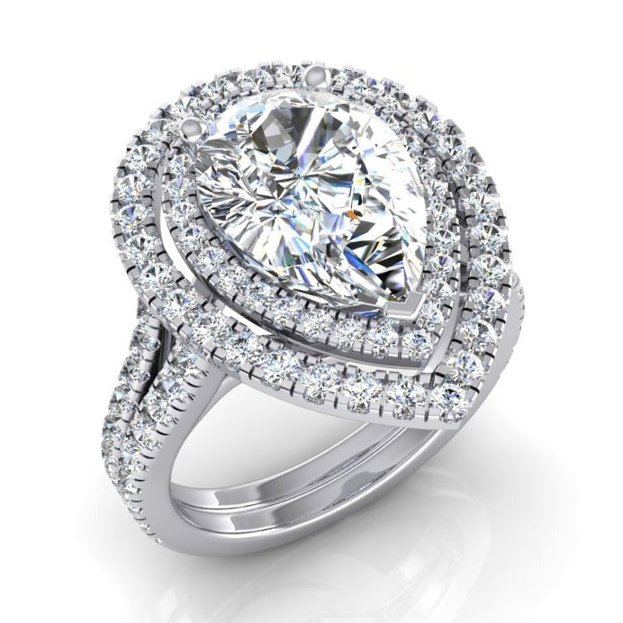 Dubbele Halo Peer Echt Diamanten Verlovingsring Set Goud 14K 6 Karaat