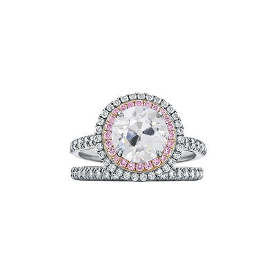 Dubbele Halo Ring Set Old Cut Ronde Echt Diamant & Roze Saffier 4,50 Karaat