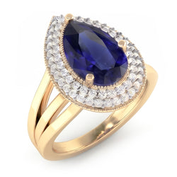 Dubbele Halo Ring Triple Shank Ceylon Saffier & Diamanten 4 Karaat